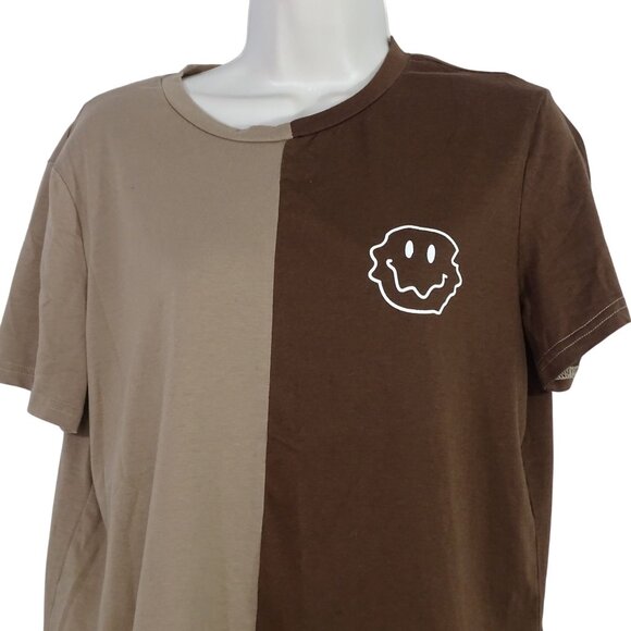 Two-Tone Brown T-Shirt Casual Top Women Size M Cotton Blend Round Neck - Picture 2 of 7
